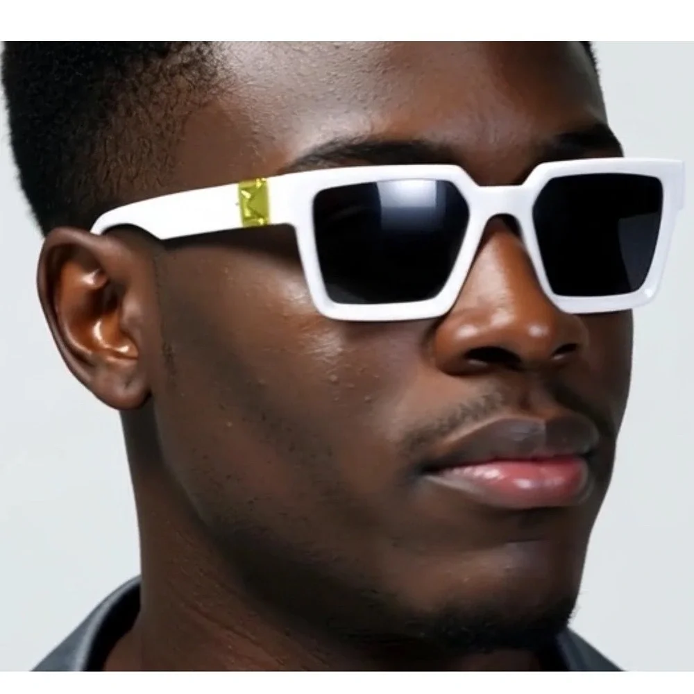 Oversized Square Sunglasses Men‎ White Frame Black Lens Gold Accents Fashion